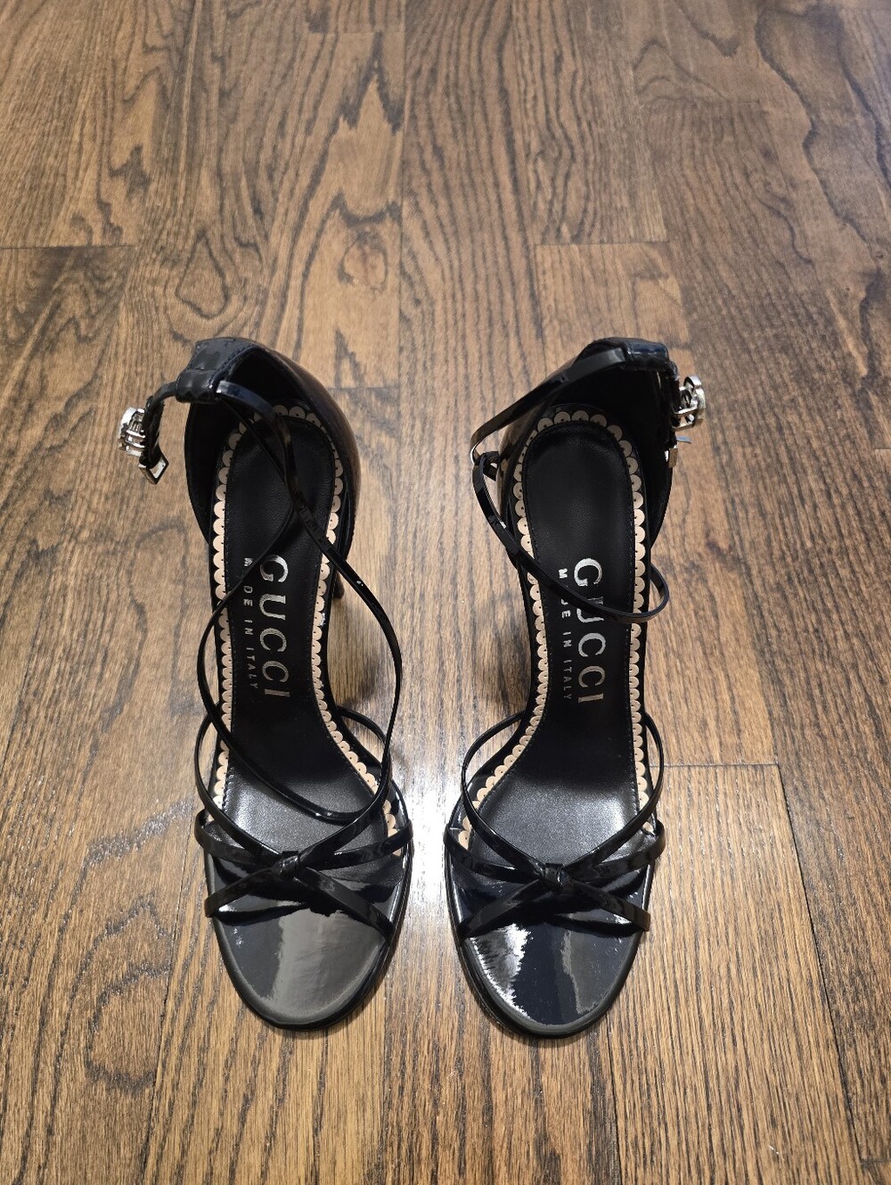 Gucci Black Patent Leather Strappy Ankle-Heel Sandals